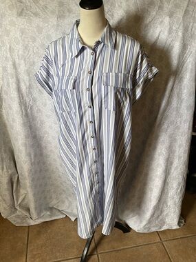 Button-Front Blue and White Striped Midi Shirt Dress